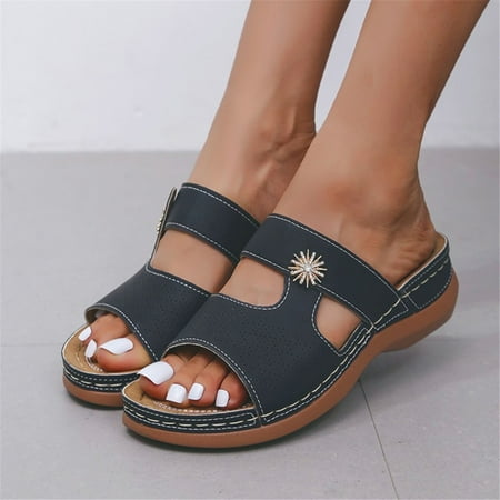 

HIBRO Women s Fashion Metal Rhinestone Buckle Car Stitching Wedge Sandals And Slipper