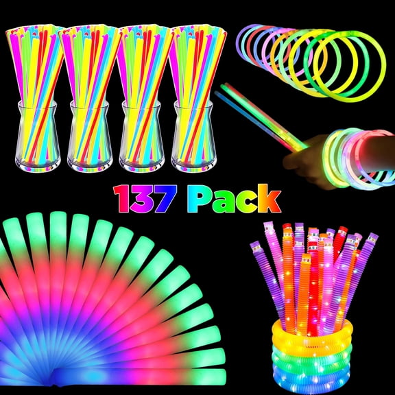 FEINYTAA 137pcs Glow Sticks Party Favors, Glow In The Dark Party Supplies, Foam Glow Sticks Bulk Party Pack with Light Up Pop Tubes