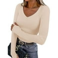 thumbnail image 2 of Lenpel Long Sleeve Shirts for Women V Neck Ribbed Knit Slim T-Shirts Tight Tunic Blouses Going out Tops with Thumb Holes(Beige,XX-Large), 2 of 7