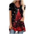 thumbnail image 1 of Camiseta Impresa con Cuello en V de Manga de Raglan de la Parte Trasera Larga Delantera Corta de las Mujeres de Navidad, Vacaciones Informales, 1 of 5
