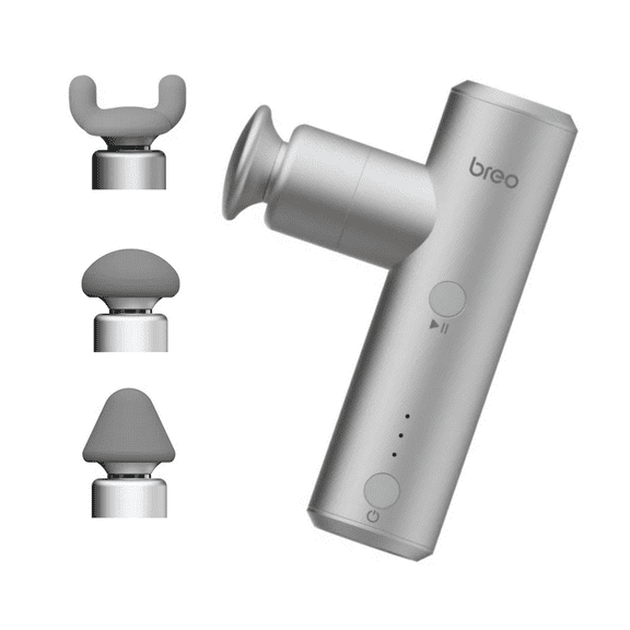 Breo Pocket Massage Gun, Fascia Therapy Recovery Deep Tissue, 4 Massage Heads Lightweight, S1, Silver