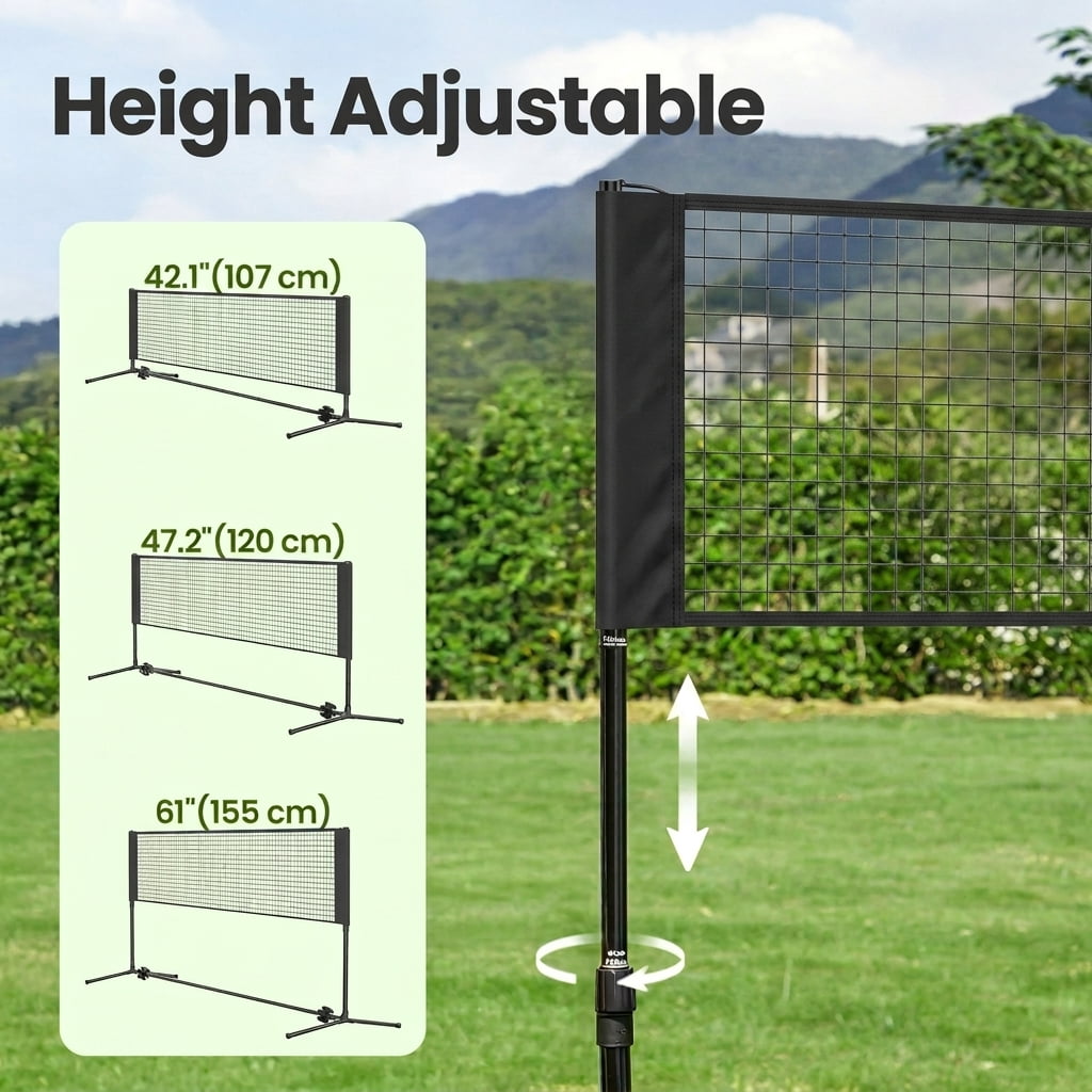LEDREM Adjustable Height Badminton Net, Volleyball and Pickleball Net for Kids and Junior Tennis, 10-16.5 ft Wide Foldable Nylon Net with Poles