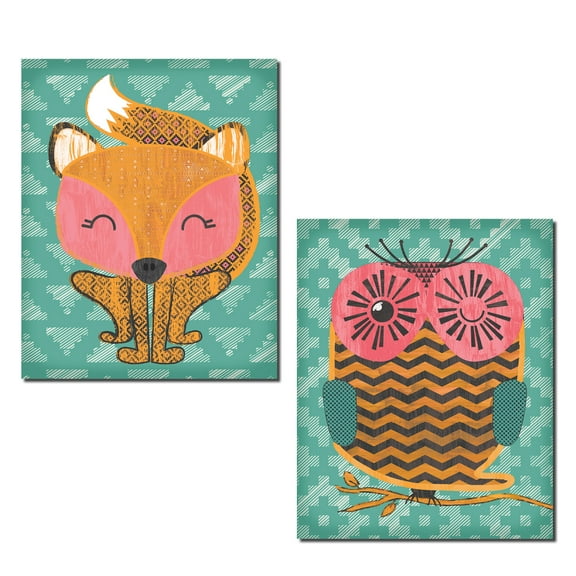 Adorable Pink and Teal Owl and Fox Kids Room Decor; 2 - 8" x 10" Unframed Prints