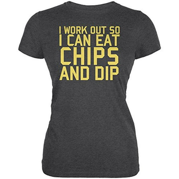 Work Out Eat Chips and Dip Juniors Soft T Shirt Deep Heather LG