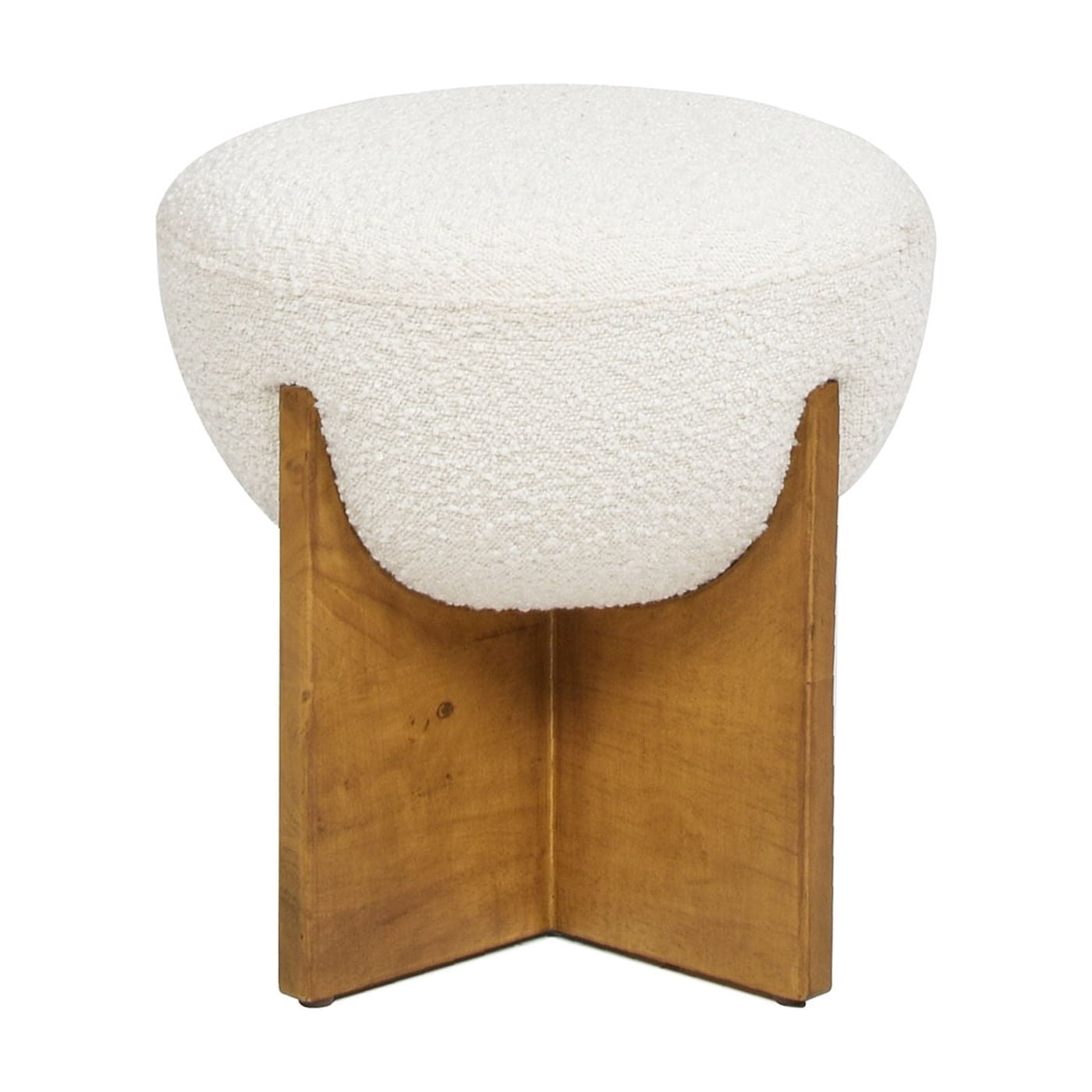 Bali 18.5" Round Upholstered Ottoman with Natural Wood Base Ivory White Boucle