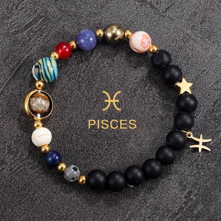 Pisces 8 Planets Solar System Zodiac Beaded Bracelet, Natural Stone & Black Glass Galaxy Birthday Gift for Women & Men