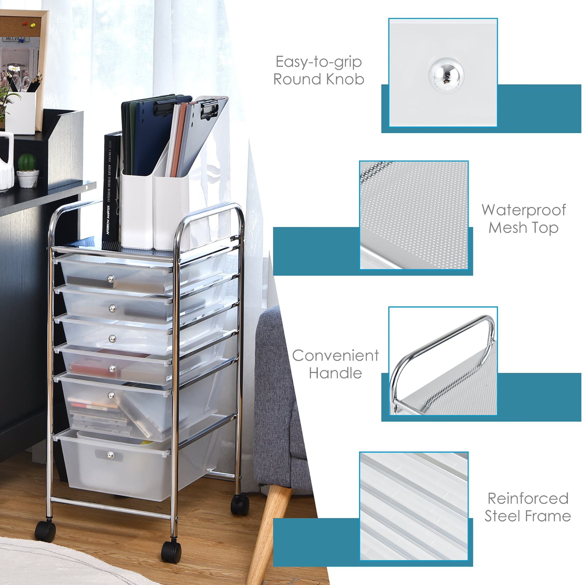 Costway 6 Drawer Rolling Storage Cart Scrapbook Paper Office Organizer Clear