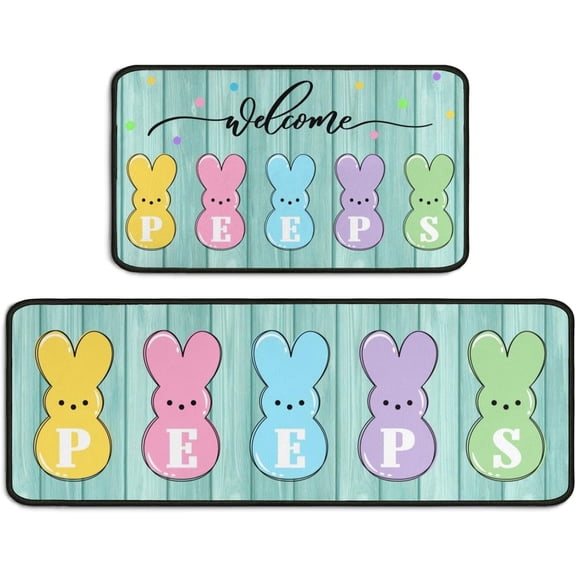 Welcome Peeps Easter Kitchen Rugs and Mats Set of 2, Easter Decorations for Home Non Slip Backing Bunny Easter Kitchen Rug Easter Decor Seasonal Low-Profile Kitchen Floor Mat 17"X47" 17"X30"