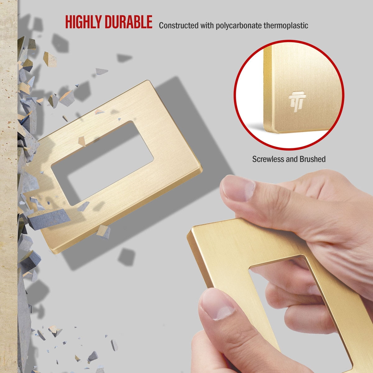 ENERLITES Gold Screwless Decorator Wall Plate, Child Safe Outlet Cover, Elite Series, Size 1-Gang, Unbreakable Polycarbonate Thermoplastic, SI8831-BGD, Brushed Gold (10 Pack)