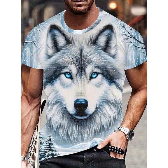 Men's 3D Wolf Full Body Print T-Shirt - Breathable Polyester Fiber Round Neck Short Sleeve Top, Machine Washable Regular Fit Casual Sports Summer Outdoor Activities, Plus Size, Men's Short Sleeve