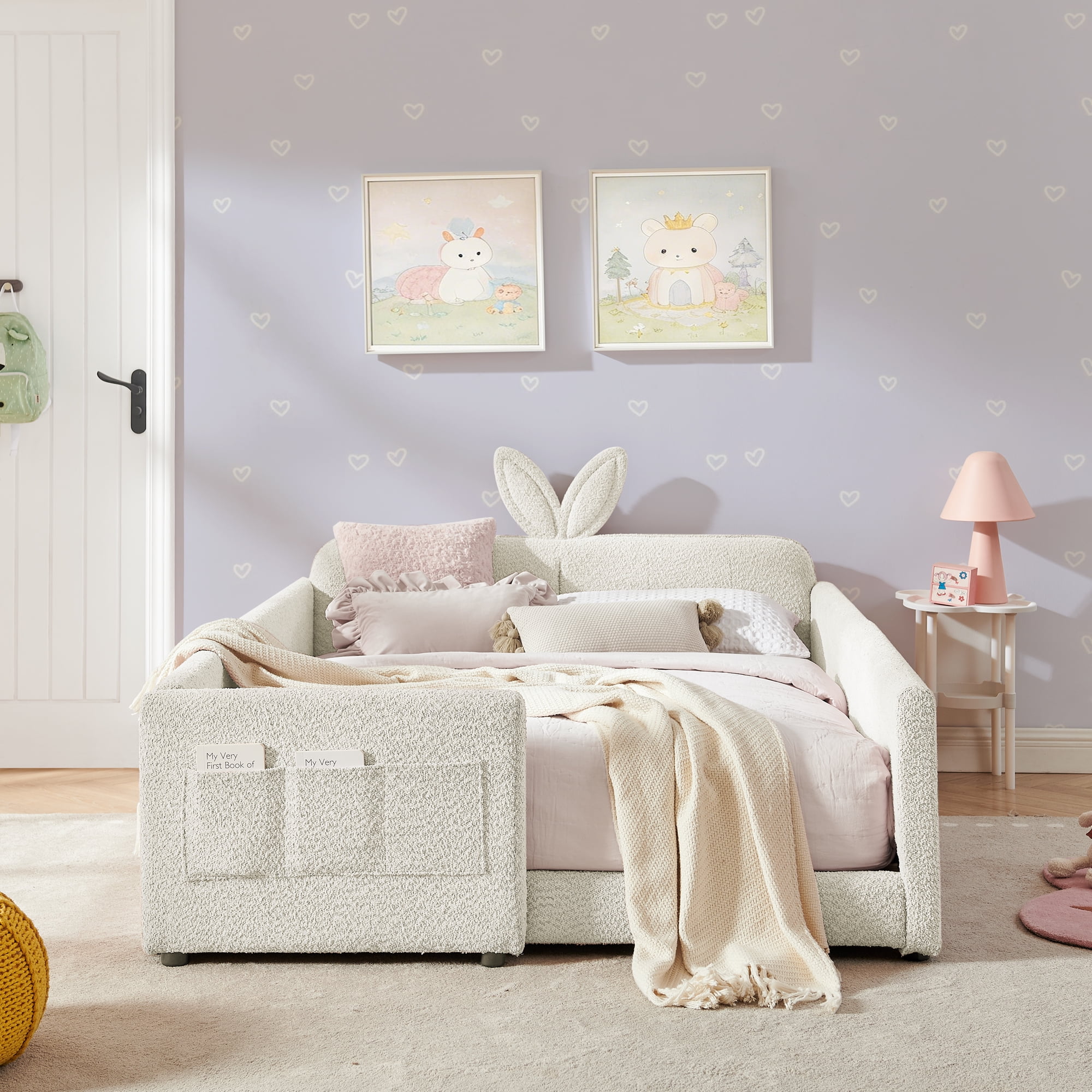 Oufan Full Size Platform Bed w/ Rabbit Ear Shaped Headboard, Boucle Bed Frame w/ Safety Rail & Wooden Slats Support for Girls, No Box Spring Needed