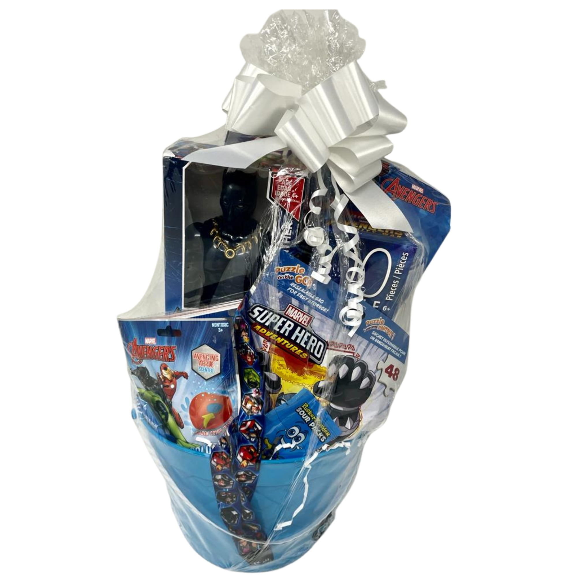 Avengers Easter Gift Basket, Include Superhero Toy Figure Puzzle on the Go Lanyard Easter Candies & Reusable Bucket for Kids Boys Spring Holiday Birthday Party Care Package Gifts (Contents Vary)