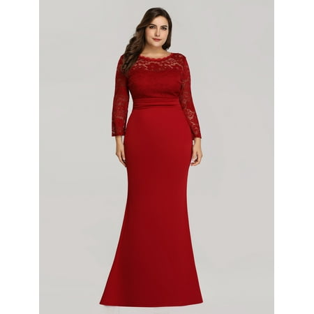 Ever-Pretty Womens Plus Size Lace Long Sleeves Formal Evening Ball Gown for Women 07668 Red