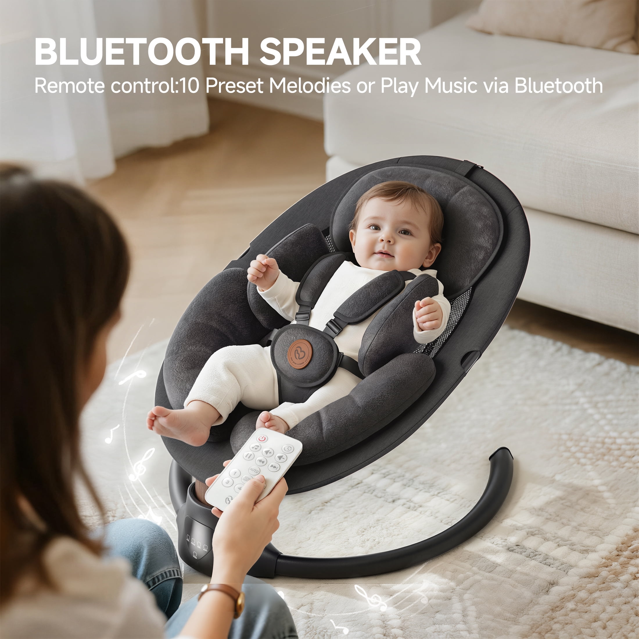 Babyomi Portable Baby Swings for Infants to Toddler, Electric Swing with Music Speaker, 3 Seat Positions , 5 Speeds, and Remote Control - Infant Swing for Indoor and Outdoor, Black