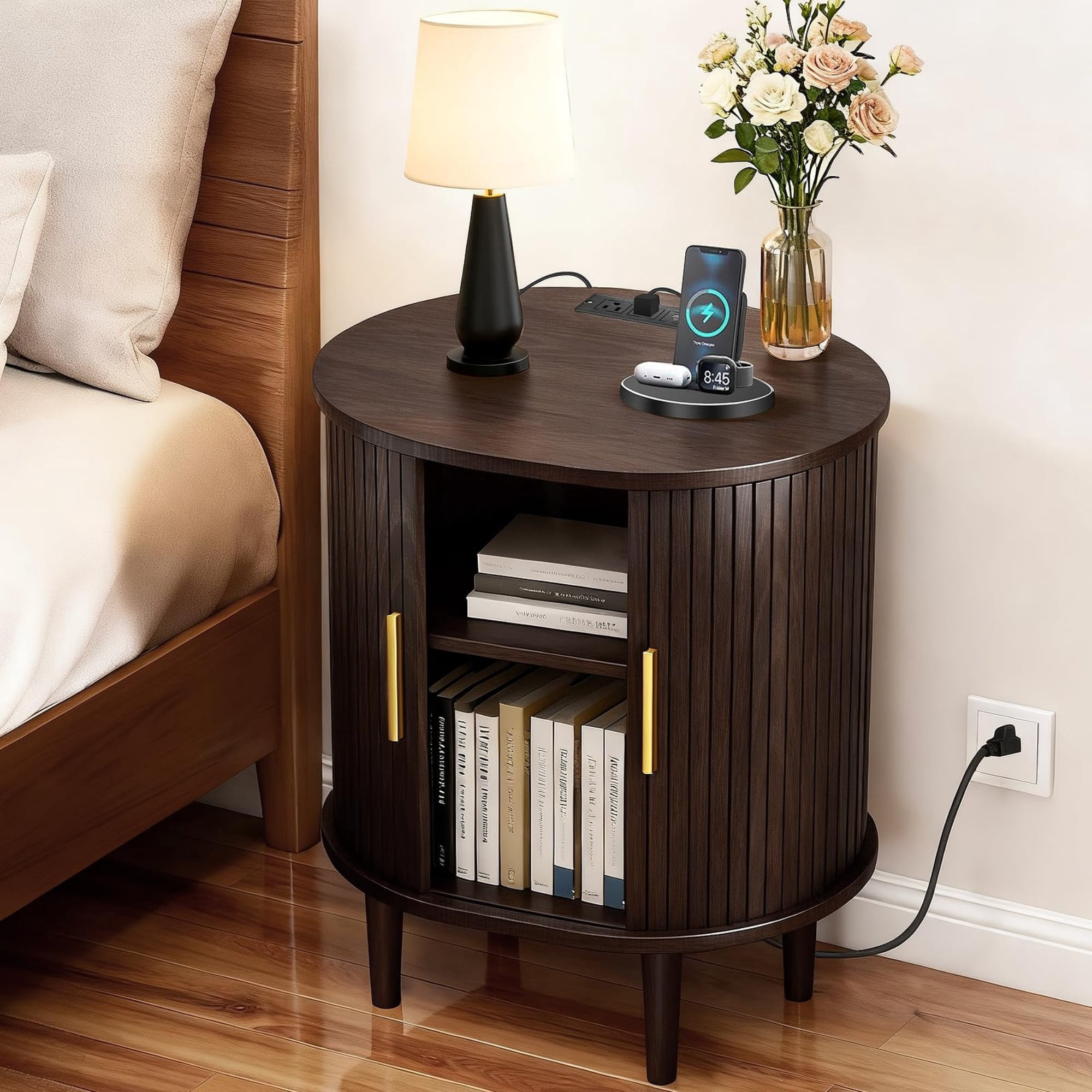 Mid Century Modern Nightstand with Charging Station, Fluted Side Table with Sliding Door & Adjustable Shelf, Coffee