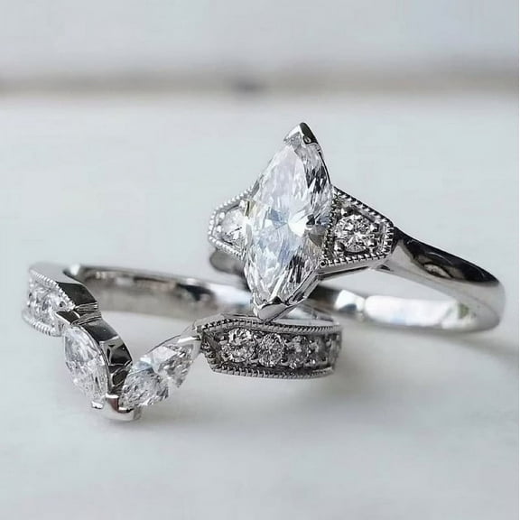 Silvago Jewelry 1.85 Ct Marquise Cut Moissanite Rings - 14K White Gold Plated Rings - Bridal Set Engagement Ring for Her - Milgrain Party Wear Moissanite Rings for Her - Wedding Moissanite Jewelry