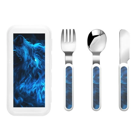 

Zeuib Ice Blue Fire Wolf Print 3 Pieces Children Fork Spoon Knife Set with Travel Case for Lunch Box Stainless Steel Kids Silverware Flatware Set Kids Utensil Set for School (Fork Spoon Knife)