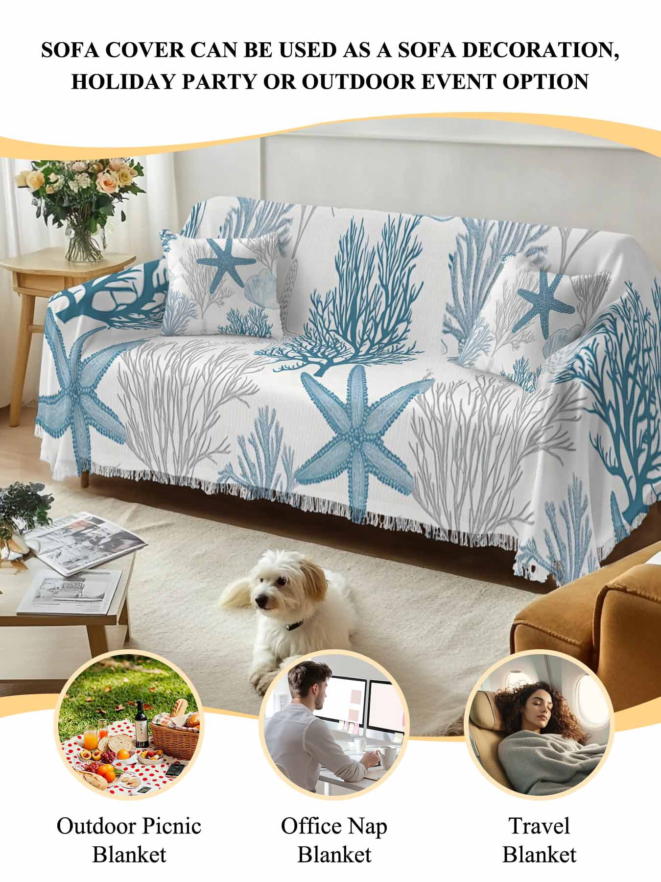 Starfish Coral Couch Cover, Coastal Ocean Seagrass Nautical Nature Sofa Cover Blanket for 3 Cushion Couch, Sectional Sofa Slipcover Furniture Protector for Living Room Bedroom 71''x134''