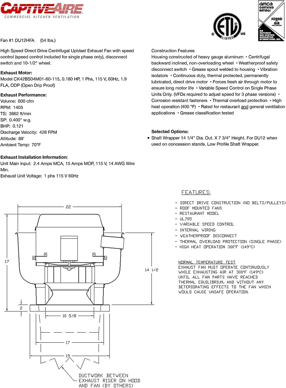 CAPTIVE-AIRE Food Truck Low Profile Exhaust Hood System Includes a stainless steel exhaust hood, an exhaust fan, an adjustable duct section, and installation hardware (4' Long Hood & Fan)