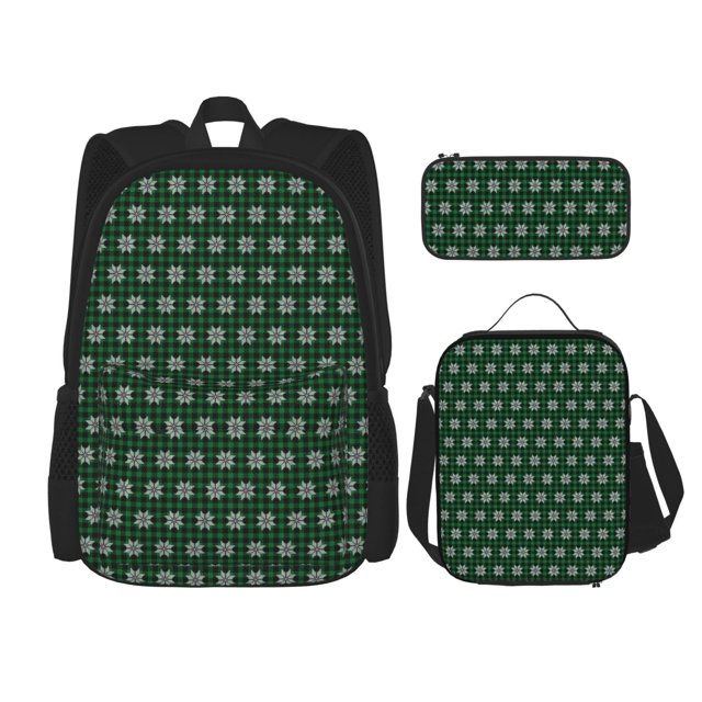 Disketp Green Buffalo Plaid Merry Christmas Mochila Estampada de Gran Capacidad con Lonchera y Estuche, Set de 3 Piezas para Estudiantes