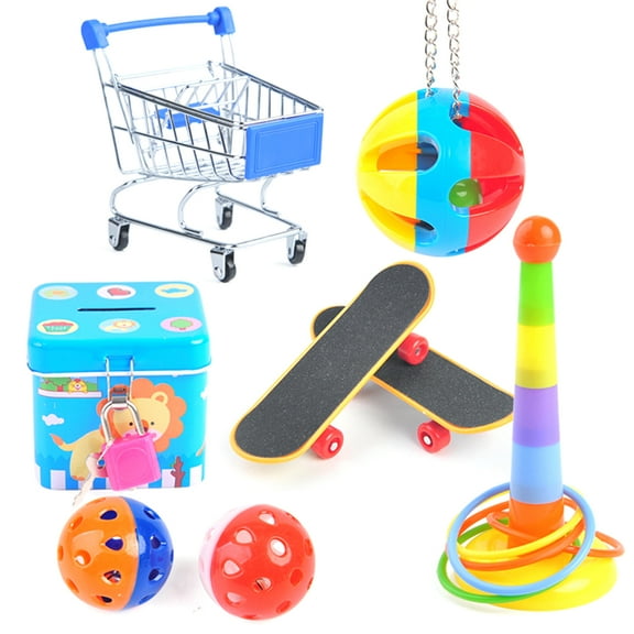 Walbest 7Pcs Parrot Toys Mini Shopping Cart Training Rings Skateboard Stand Perch for Budgie Parakeet Cockatiel Conure Lovebird