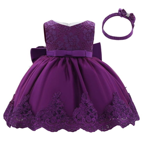 Zwiiyzr 2025 Toddler Girls Net Yarn Embroidery Rhinestone Bowknot Birthday Party Gown Long Dresses Headband Suit, Purple, 12 Months