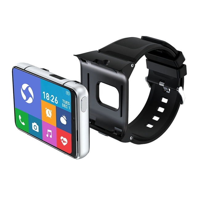s999 reloj inteligente 4g mtk6761 core 4gb 64gb 5.0mp + 13.0mp bluetooth gps wifi 2,88 pulgadas teléfono llamada tasa smartwatch plata, módulo rectangular plateado con pantalla táctil de 2.88 pulgadas mostrado separado de la carcasa negra y correa de silicona; se aprecian botón lateral, cámara, pantalla TFT 480x640 con iconos de llamadas, música y salud, y diseño con ranura para Nano SIM y GPS para seguimiento deportivo y llamadas.