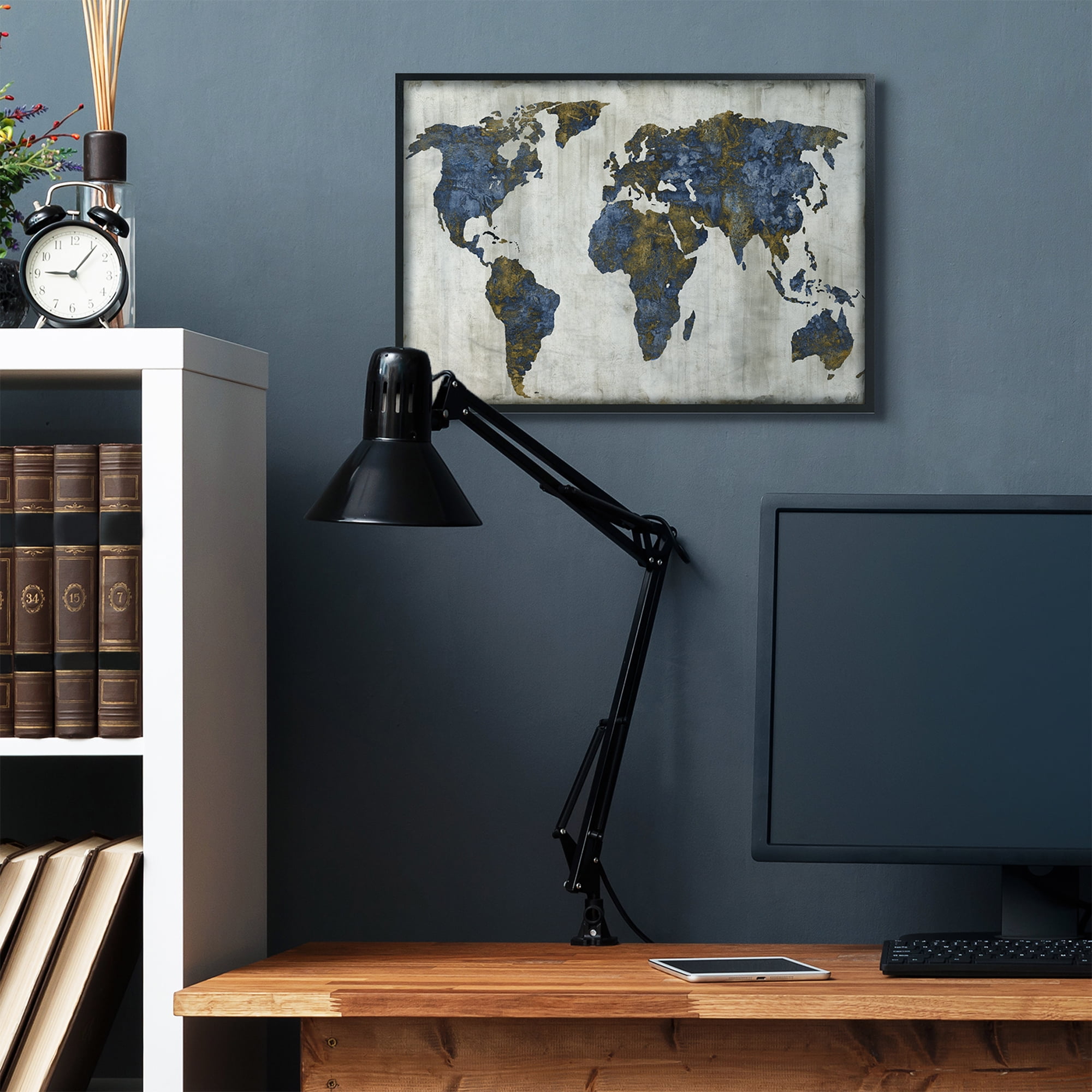 Stupell Industries Gold Blue World Map Design Graphic Art Black Framed Art Print Wall Art, 16x20, by Russell Brennan