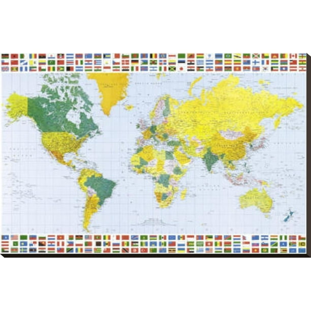 map of the world with flags art poster print stretched canvas wall