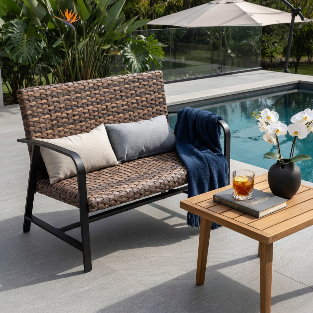 Hommoo 2-Piece Outdoor Rattan Coffee Table & Loveseat Set with Cushions, Storage Shelf, and Lumbar Pillows, Weather-Resistant PE Wicker Patio Furniture for Backyard, Poolside & Garden, Brown