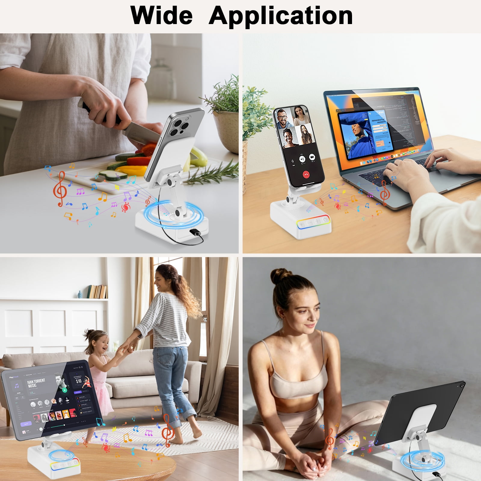 Adjustable Cell Phone Stand with Wireless Induction Bluetooth Speaker, HD Surround Sound, Color-Changing LED Light, and Non-Slip Phone Holder – Perfect for Yoga and Kitchen, a Great Gift for Everyone