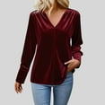 thumbnail image 2 of Lenpel Velvet Tops for Women Long Sleeve V Neck Pleated Button down Shirts Dressy Casual Velour Blouses Loose Work Shirts(Red,X-Large), 2 of 7