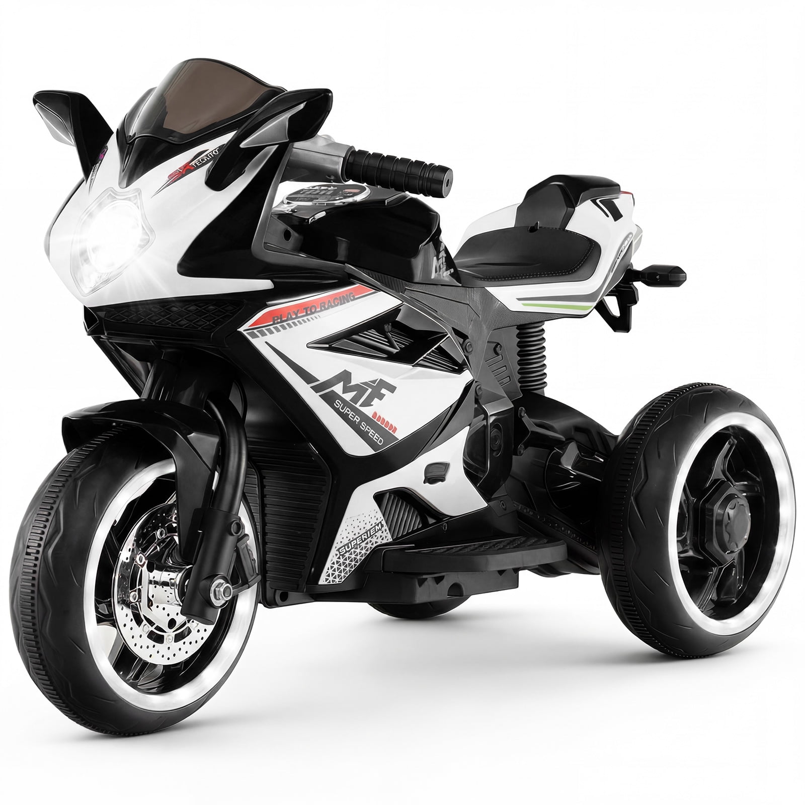 OLAKIDS 6V Kids Motorcycle with Forward & Reverse Switch, Headlight, Wheel Lights, Horn, Music, USB Port, 3-Wheel Ride on Toy for Toddler Aged 3+