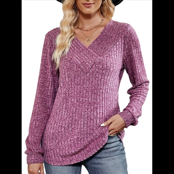 Blusa de Larga con Cuello en V para Mujer, Blusa Informal de Otoño, Suéter Tipo Túnica, Ropa de Moda. Rojo Púrpura S