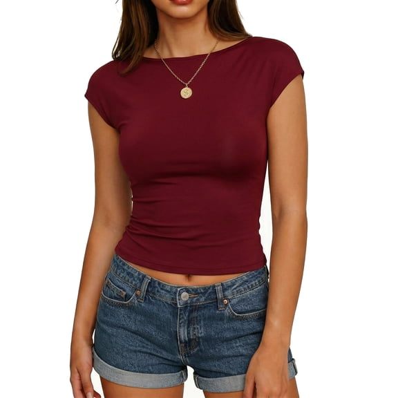 Guluxicc Womens T Shirts Backless Short Sleeve Slim Fit Crewneck Solid Color Tees Summer Beach Vacation Crop Tops for Women
