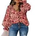 thumbnail image 1 of CHUANK Womens Boho Floral Print V Neck Shirt Blouses Casual Puff Sleeve Drawstring Tunic Tops Pink M, 1 of 4