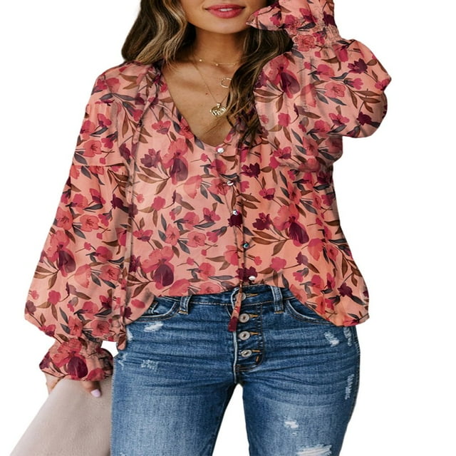 CHUANK Womens Boho Floral Print V Neck Shirt Blouses Casual Puff Sleeve Drawstring Tunic Tops Pink M