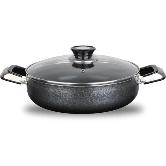 Alpine Cuisine 3 Quart Non-stick Caldero Stock Pot with Tempered Glass Lid and Carrying Handles, Multi-Purpose Cookware Aluminum Dutch Oven for Braising, Boiling, Stewing