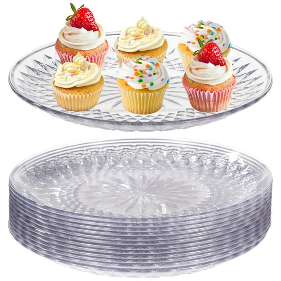 12 Pcs 12" Round Plastic Serving Platters - Crystal-Clear Serving Trays | Space Saving Stackable Shallow Dishes, Elegant Party Platters for Desserts, Appetizers, Weddings & Events