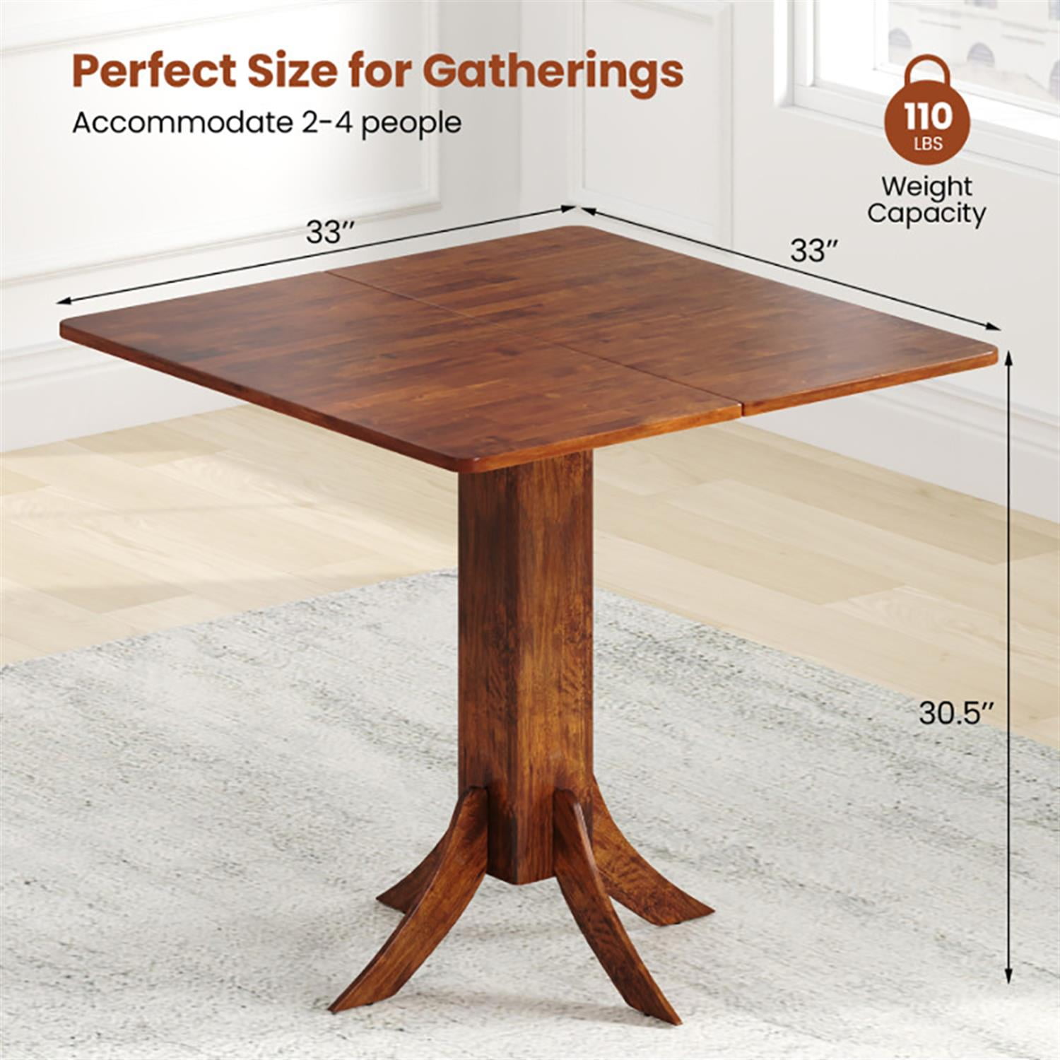 Demi Bonn 33" Dining Table with Pedestal Base and Rubber Wood Frame, Kitchen Table for 2-4 People, Dinner Table for Home Office, Living Room Furniture, Brown