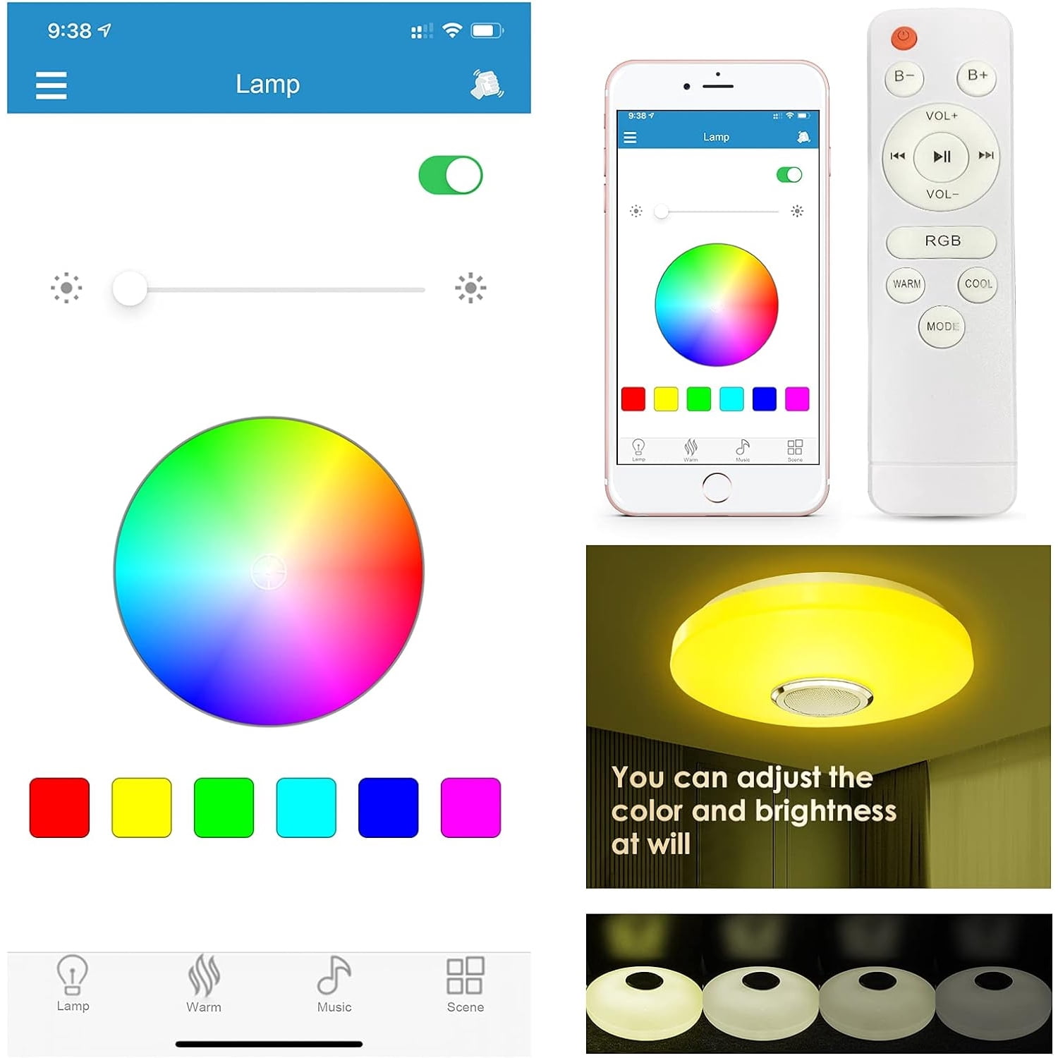 FAMKIT LED Music Ceiling Light with Bluetooth Speaker, 36W Dimmable Ceiling Lamp with Remote Control, Smart RGB APP Control Color Changing Light for Bedroom Bathroom