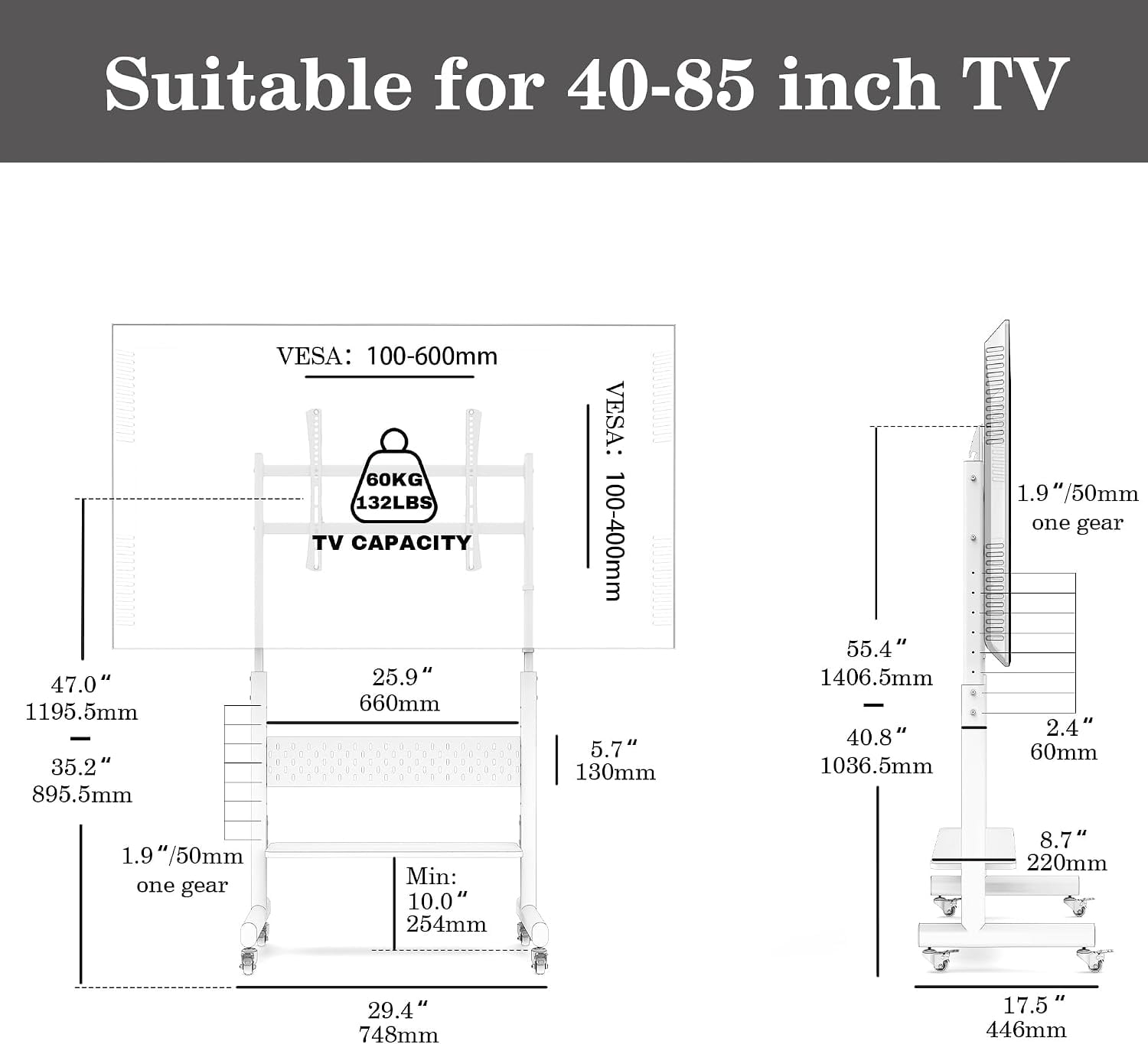 FITUEYES Rolling Movable Base for 40–85 Inch TVs, Black, Height Adjustable