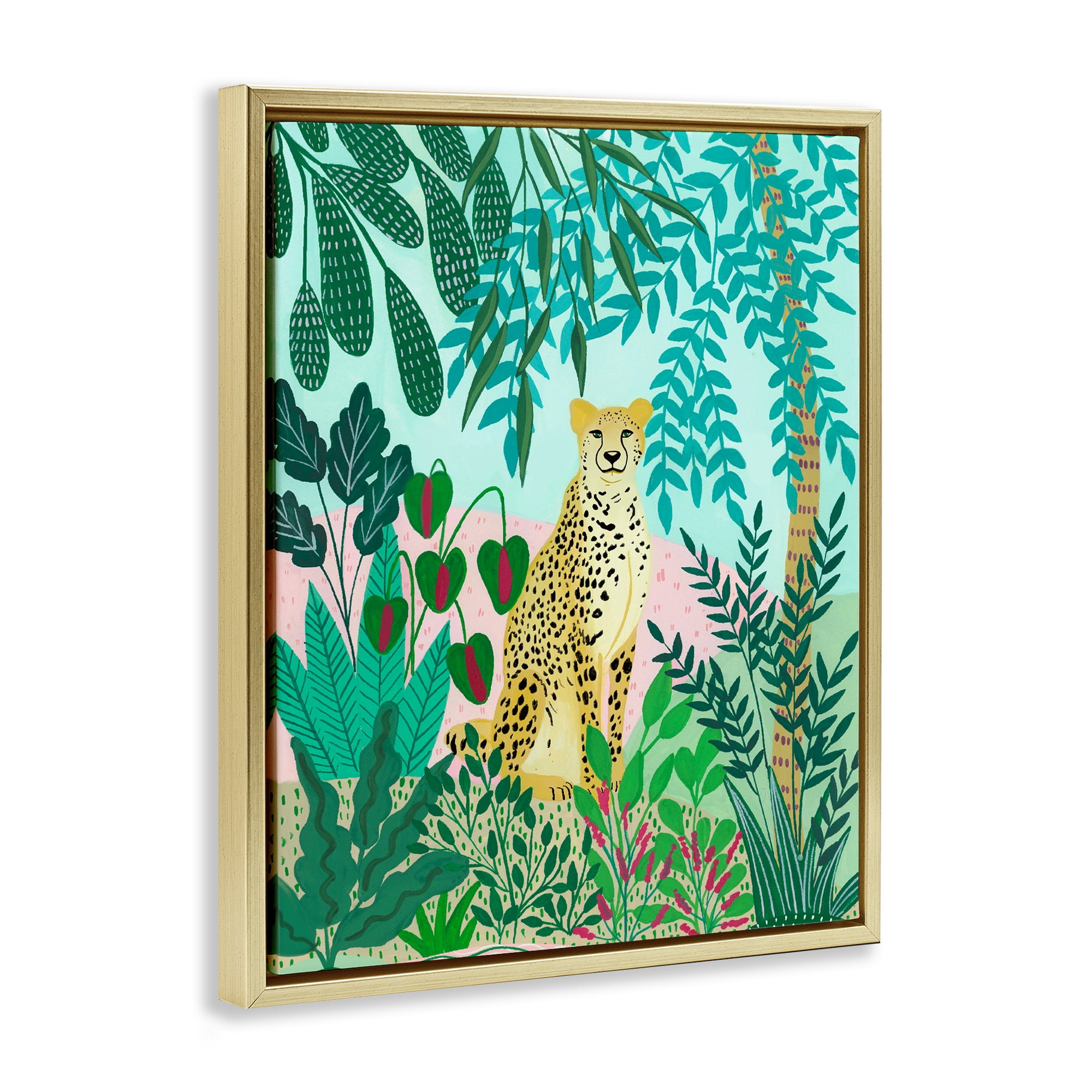 Stoic Leopard Tropical Forest Gold Framed Floater Canvas Wall Art, design by Nabeela Rumi