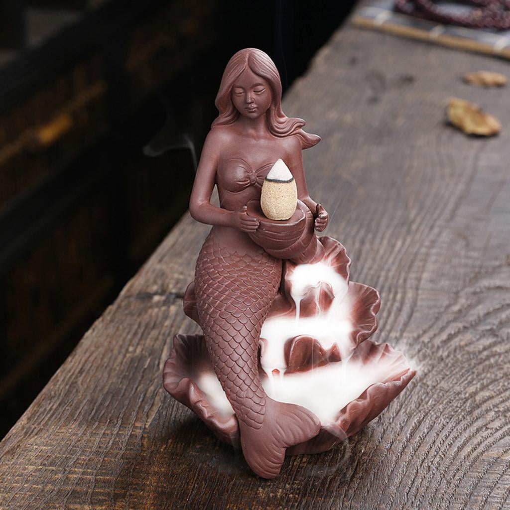 WLPZXP Purple Clay Backflow Incense Cone Burner Home Aromatherapy Decor Tabletop Meditation SPA Lotus Yoga Teahouse Mermaid Censer Incense Holder
