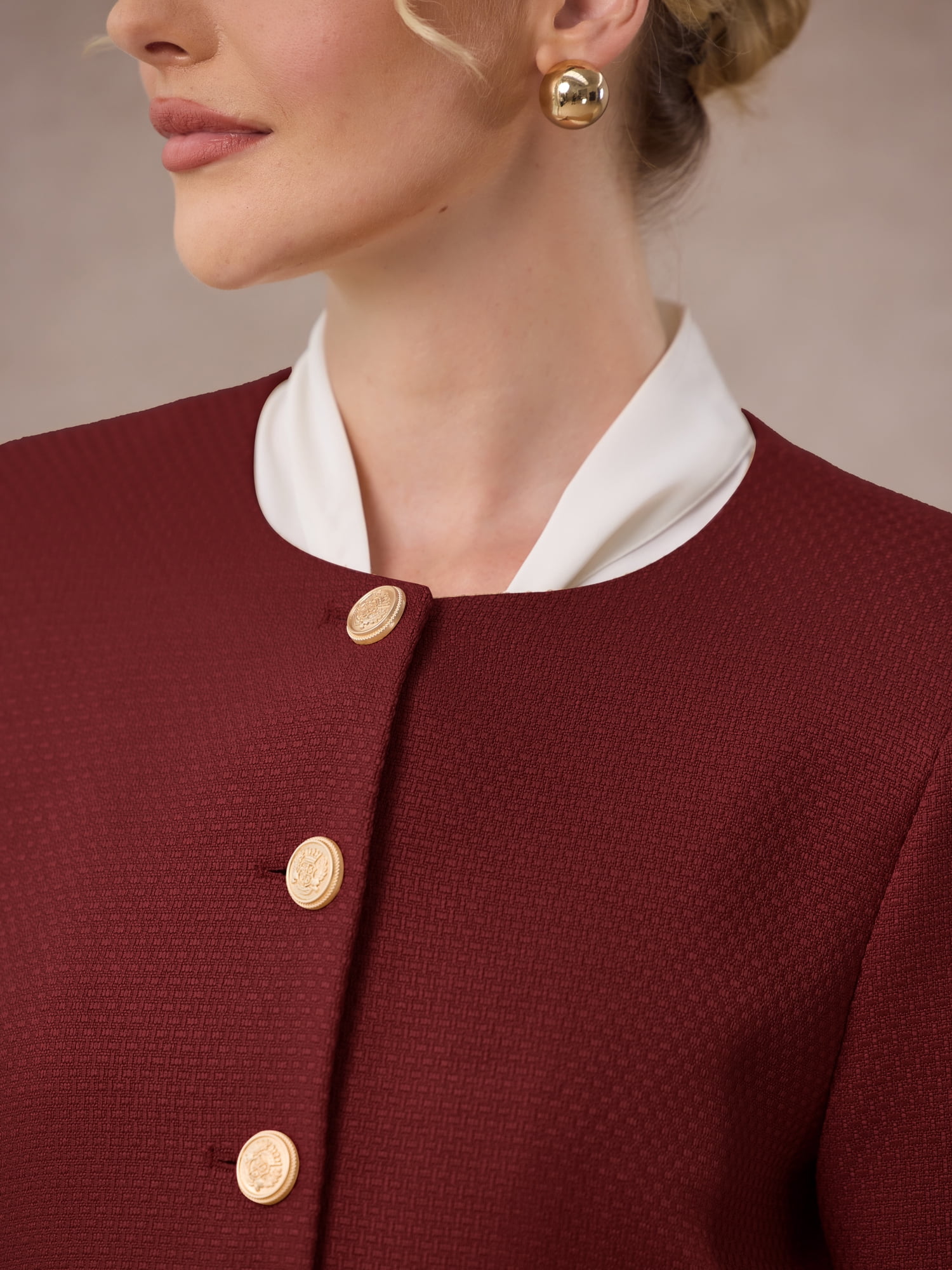 DARING DIVA Women's Tweed Short Jacket Collarless Office Cropped Blazer M Dark Red