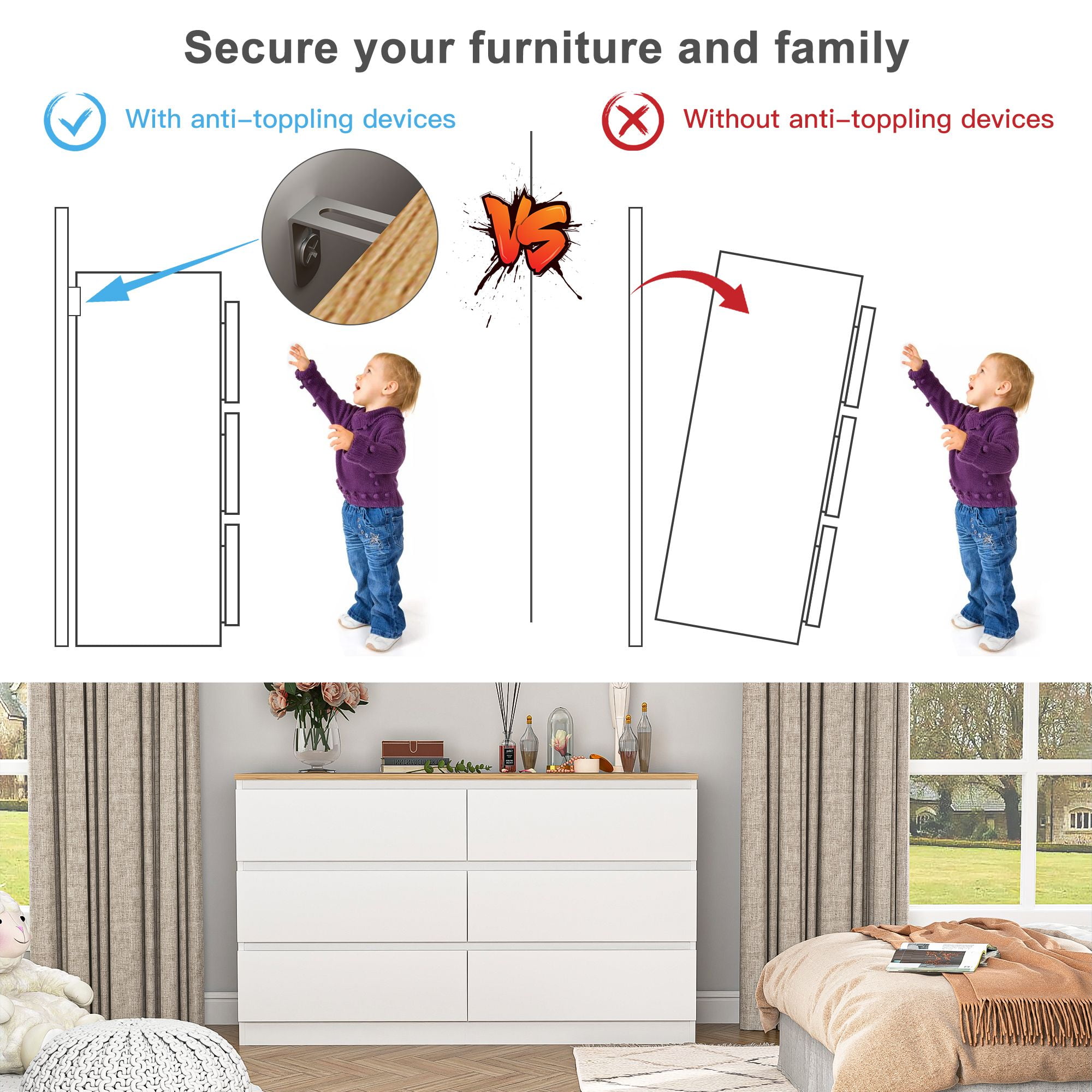 Demi Bonn 6 Chest of Drawers Dresser for Bedroom, Wide Storage Organizer Cabinet with Natural Color Tabletop for Living Room, Hallway, White