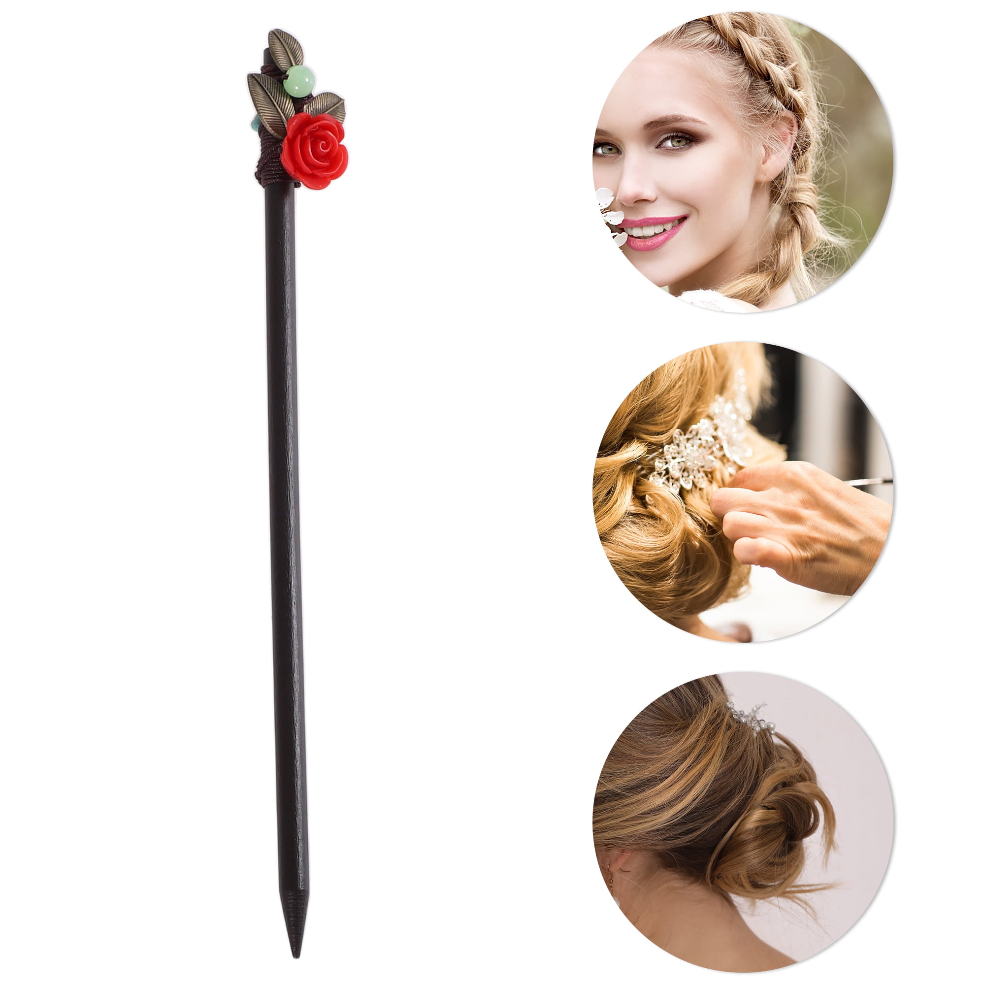 Unique Bargains Hair Chopstick for Women Black Red 1 Pc [Flower Leaves]