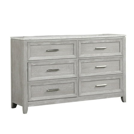 Benjara Ion 65 Inch Wide Dresser, 6 Drawers, White Marble Top, Farmhouse Gray Wood