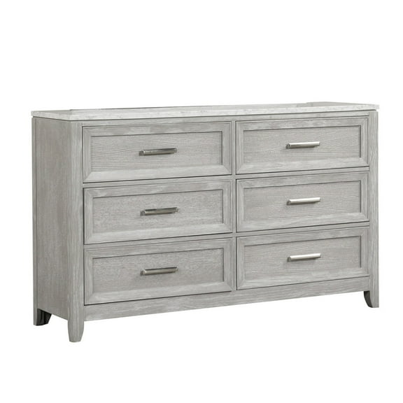 Benjara Ion 65 Inch Wide Dresser, 6 Drawers, White Marble Top, Farmhouse Gray Wood