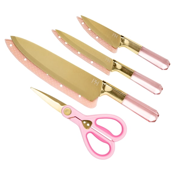 Paris Hilton 4 Piece Stainless Steel Cutlery Set, Jewel Shaped Handles with Gold Blades, Pink
